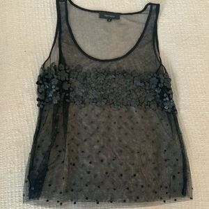 Karen Kane x Anthropologie Black Sheer Mesh Floral Sequin Polka Dot Top Blouse